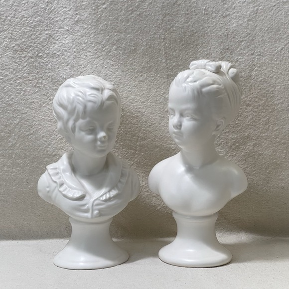 Vintage Napco Boy And Girl Busts White Ceramic Children Sculptures 9.5" - Picture 1 of 13